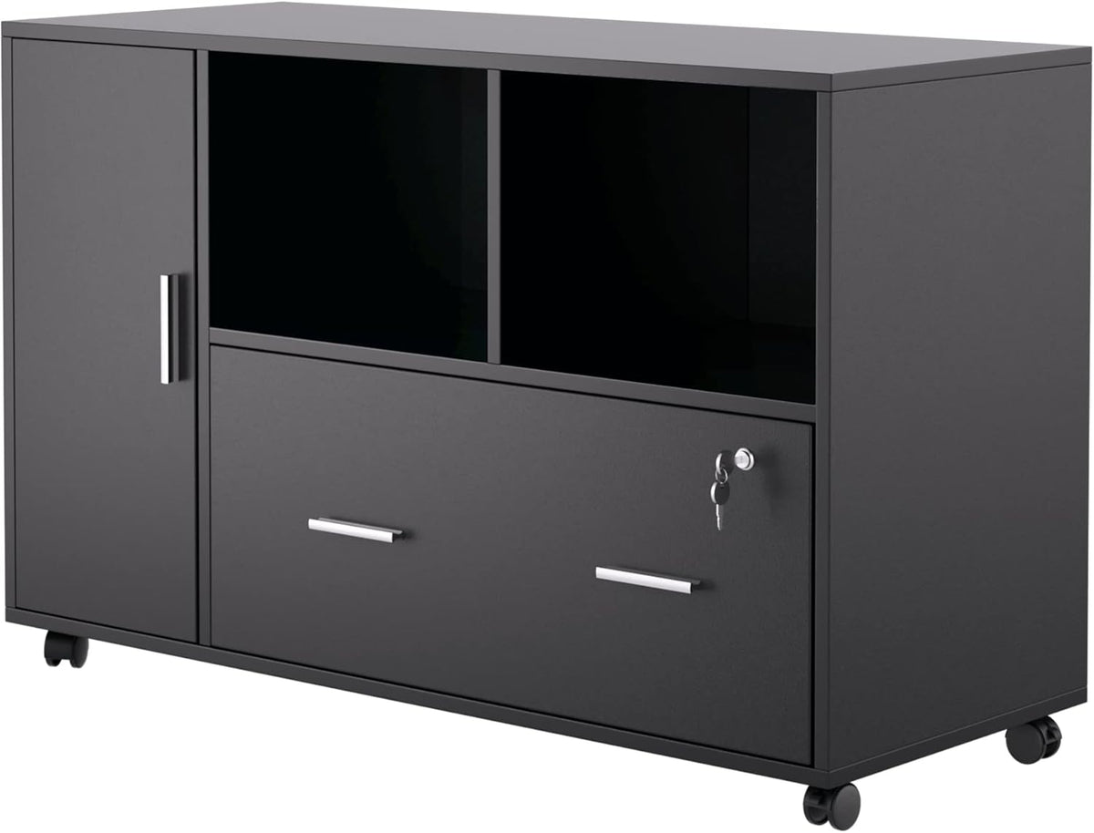Black Wood File Cabinet with Drawers and Lock I6292