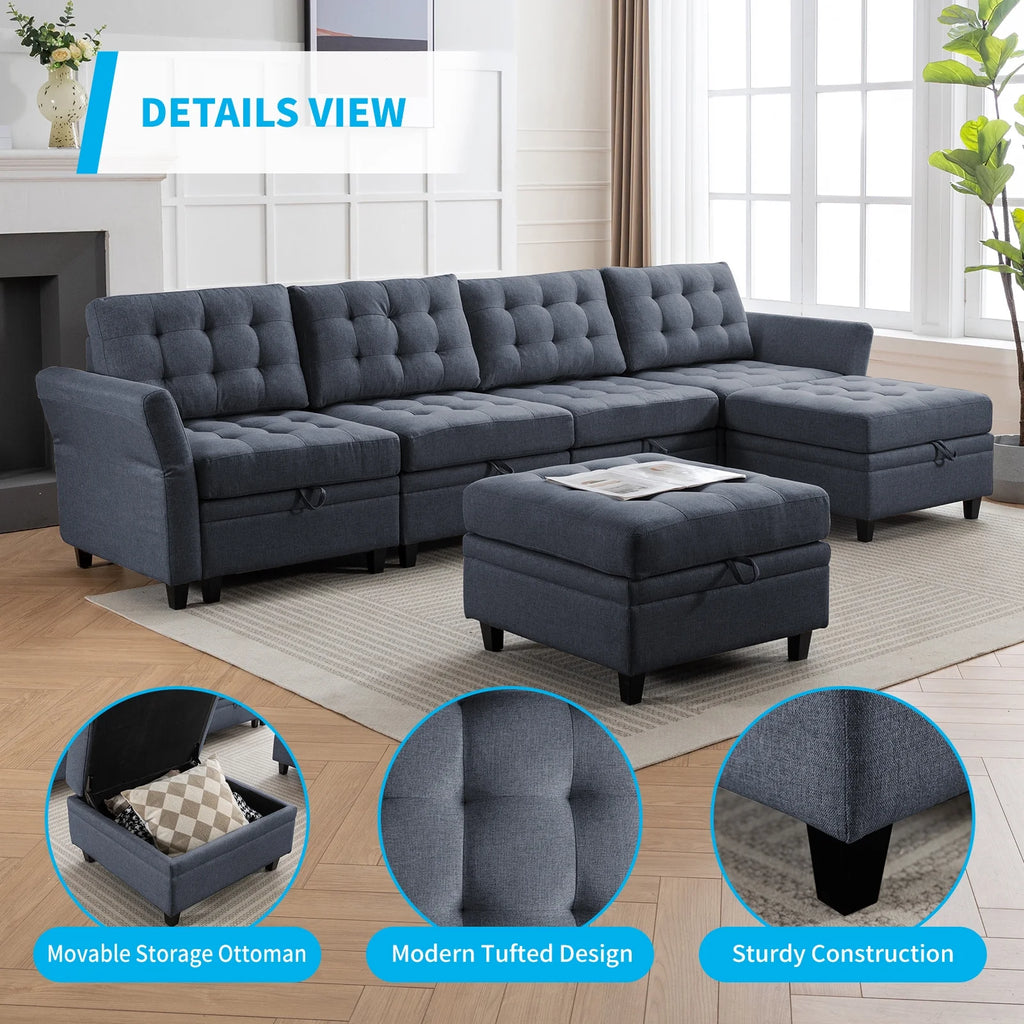Dark Grey Convertible Sectional Sofa with Storage Ottomans M62808