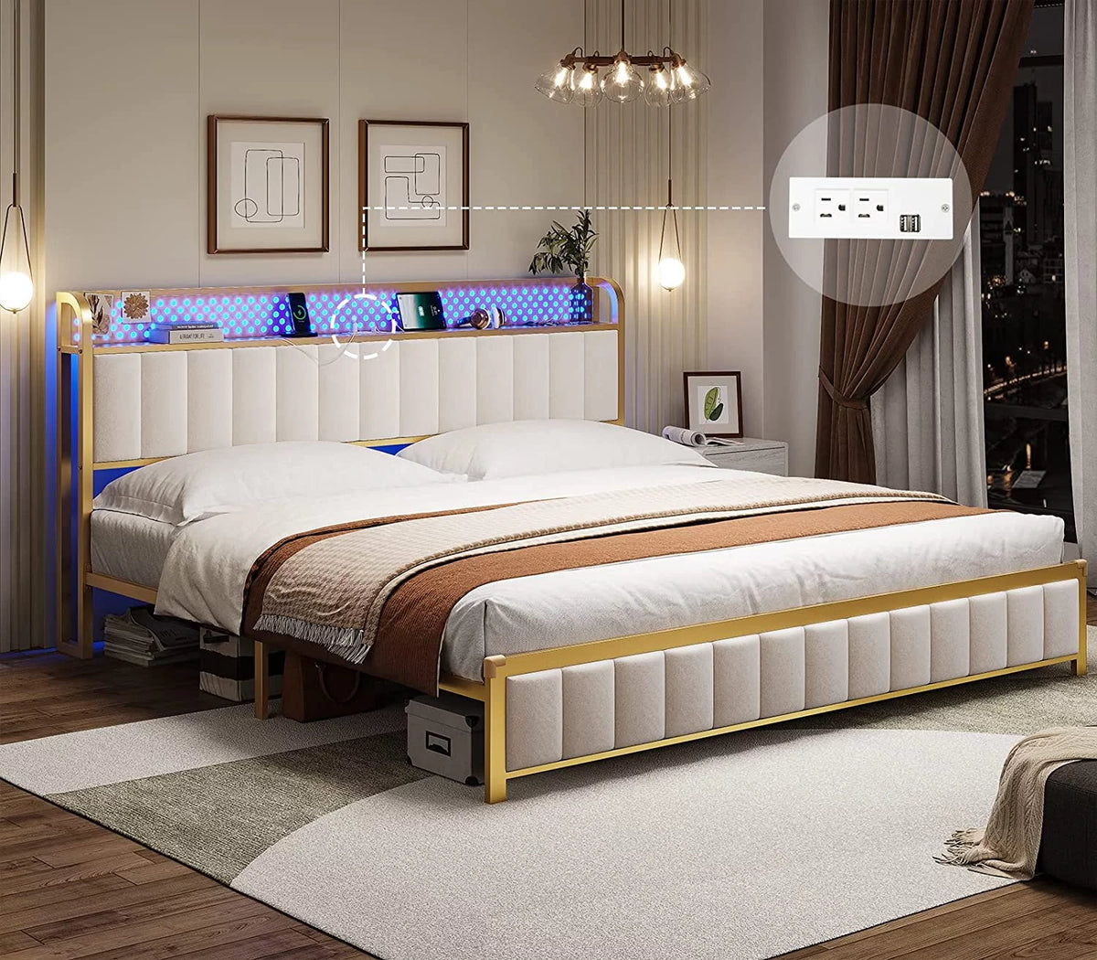 LED Queen Bed Frame with Storage Headboard and Drawers Z5430