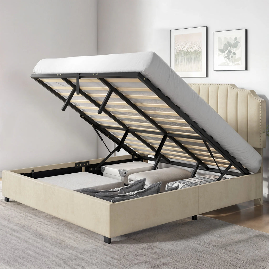 King Lift Up Storage Velvet Upholstered Platform Bed Frame N972
