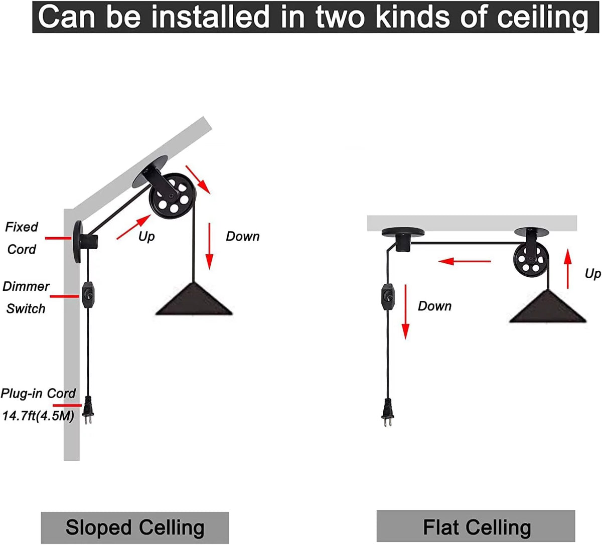 Industrial Pulley Pendant Lamp with Plug-in Cord Black Iron Shade D45216