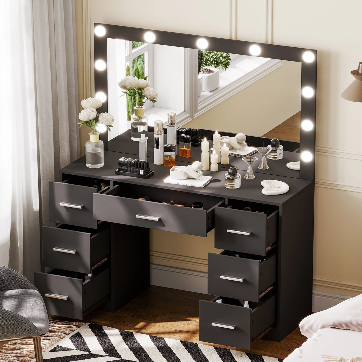 White Makeup Vanity Table with Mirror and 7 Drawer R4166