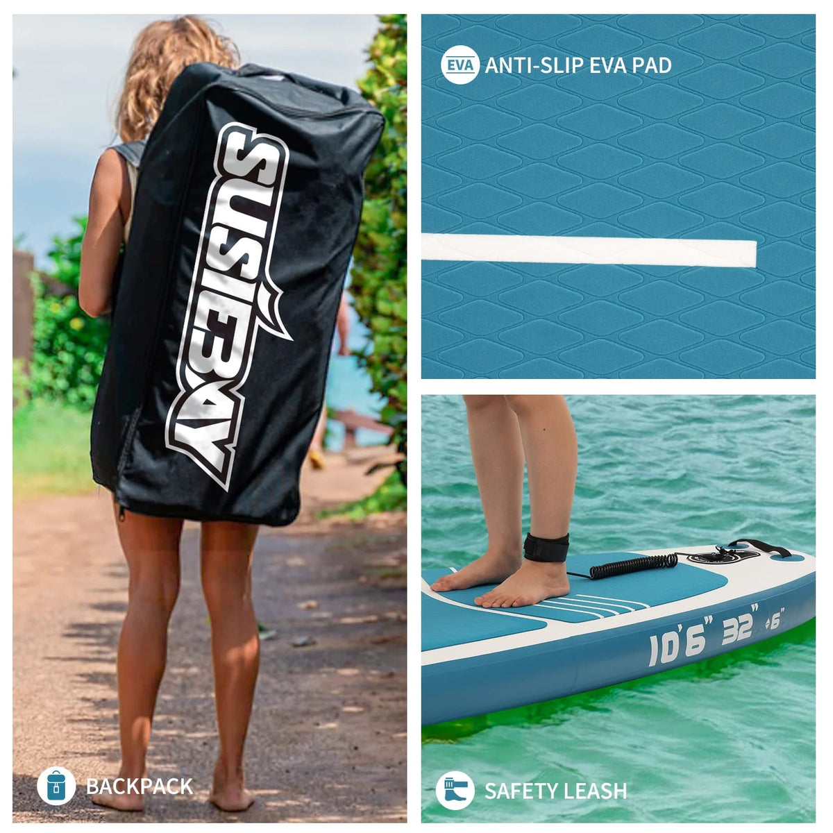 Inflatable Stand Up Paddle Board with Backpack, 10'6" 11ft Black Non-Slip Deck K637711