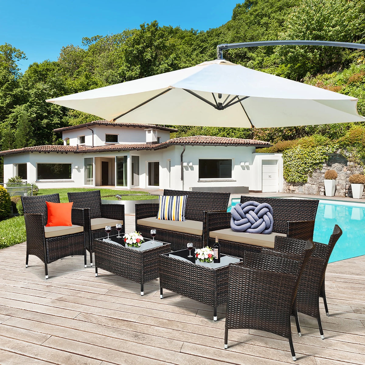 8 Pc Patio Furniture Set Cushioned Sofa Coffee Table T90303