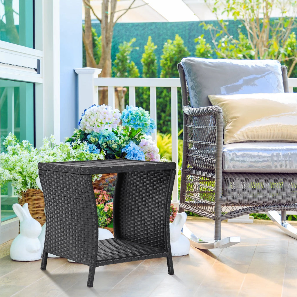 Black Wicker Rattan Outdoor Side Table with Storage Q63646