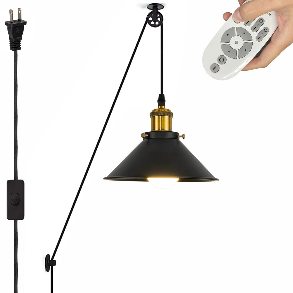 Industrial Pulley Pendant Lamp with Plug-in Cord Black Iron Shade D45216