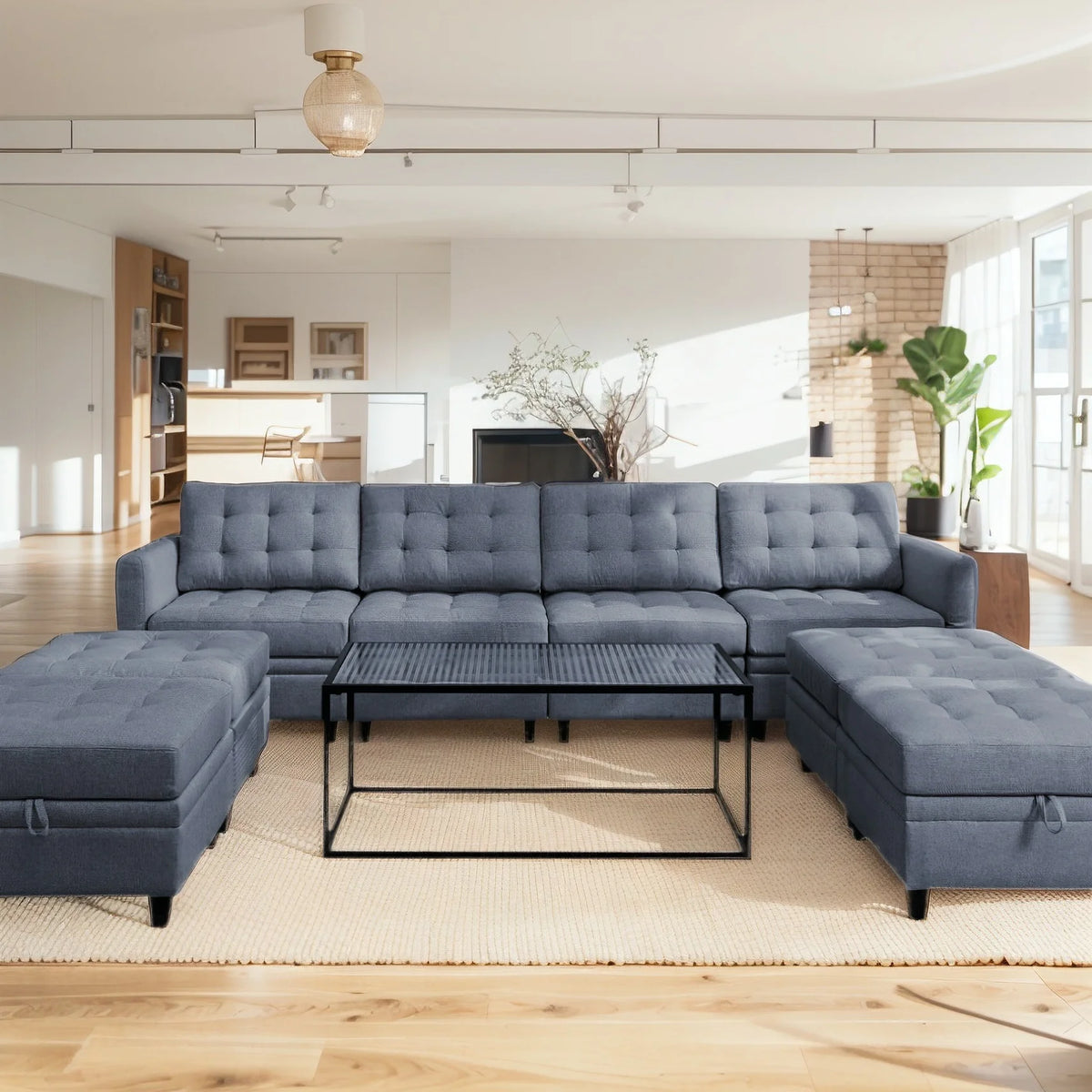 Dark Grey Convertible Sectional Sofa with Storage Ottomans M62808