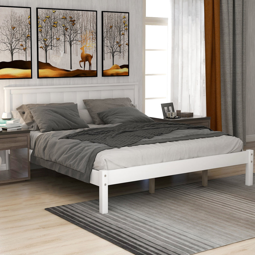 Queen White Wood Platform Bed Frame with Headboard F757