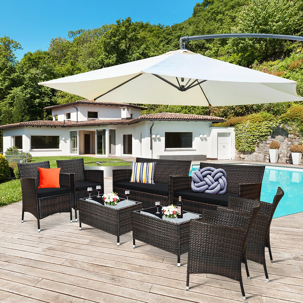 8 Pc Patio Furniture Set Cushioned Sofa Coffee Table T90303