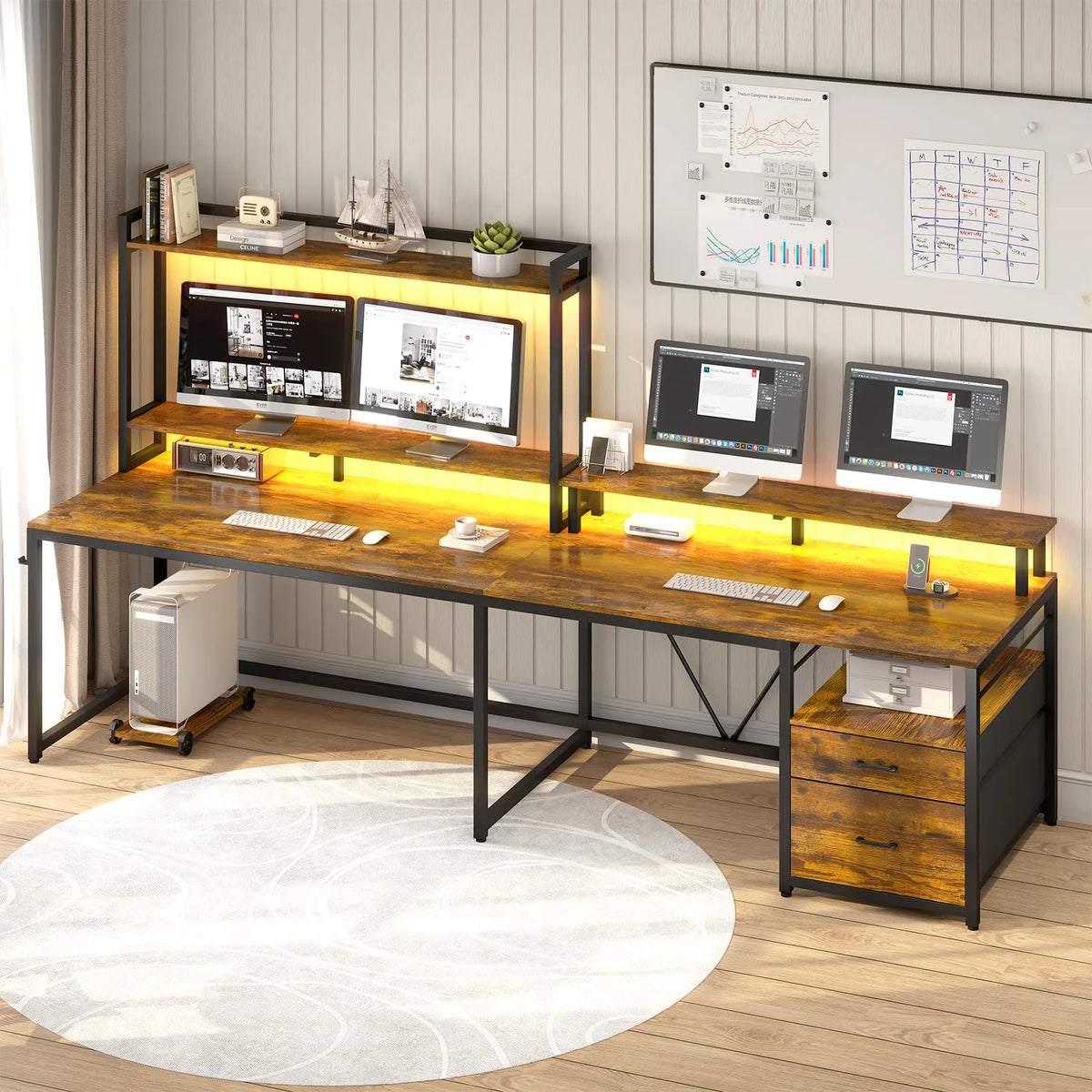 L Shaped Desk with Hutch, File Drawers, Keyboard Tray, Monitor Stand, Storage Shelves, Rustic Brown J586112