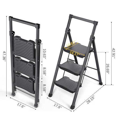 4 Step Ladder with Tool Platform, Anti-Slip, Foldable, Black O470
