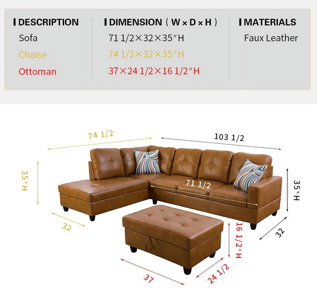 103.50" Wide Ginger Faux Leather Sectional with Ottoman Left Hand Facing E5891
