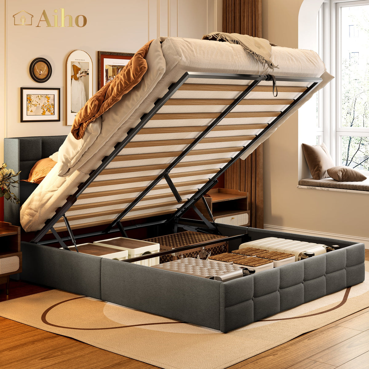 Queen Size Lift Up Storage Bed with Wingback Headboard H171725