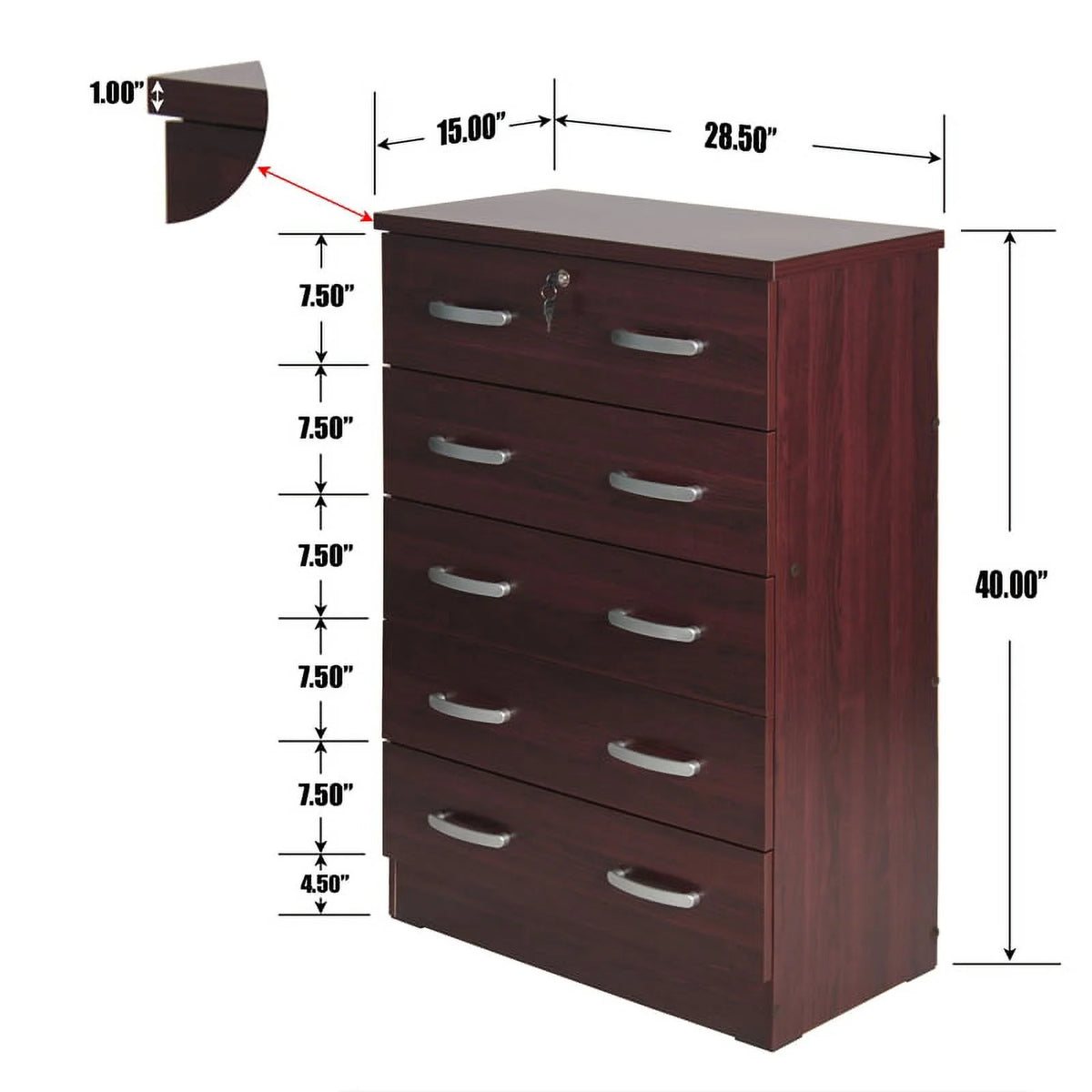 Twin Captains Bed & Dresser with Lock in Mahogany A103