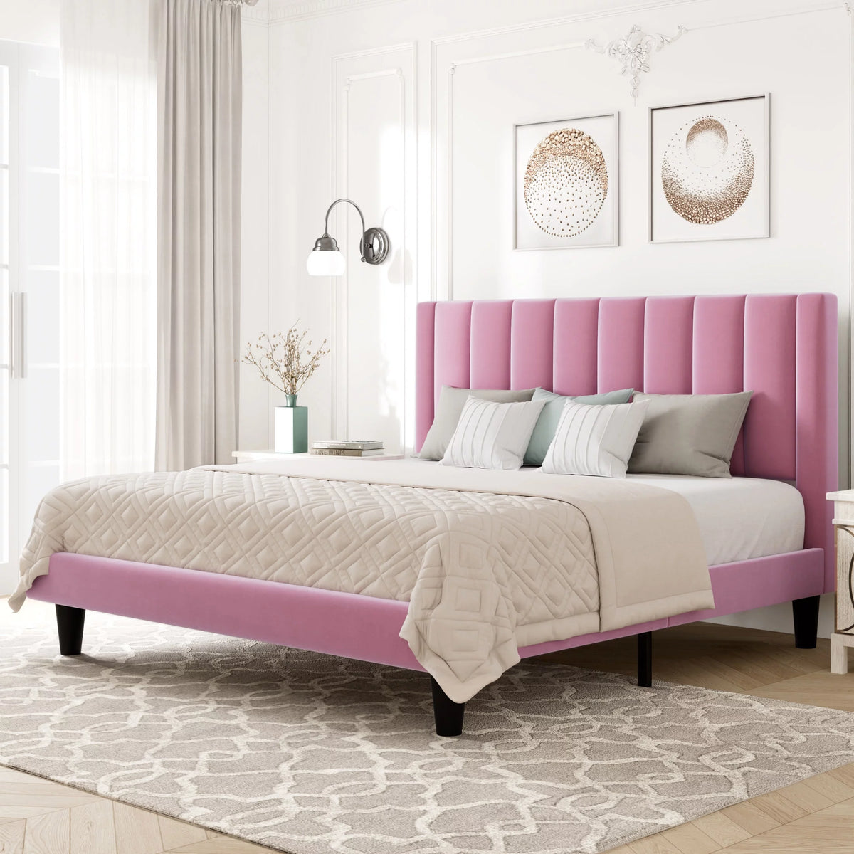 Queen Size Pink Velvet Upholstered Bed Frame P948506