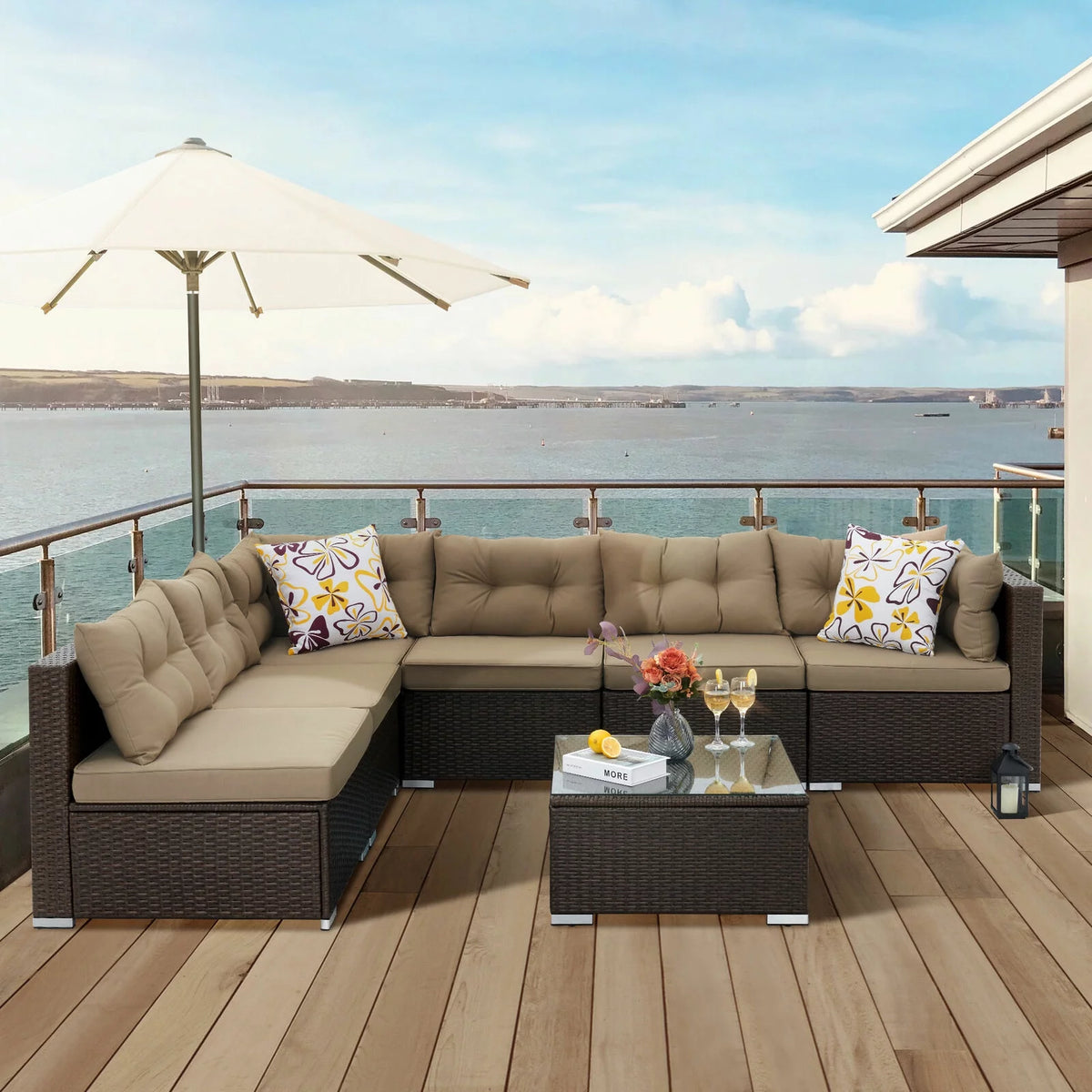 7-Piece Brown PE Rattan Patio Conversation Set D4832