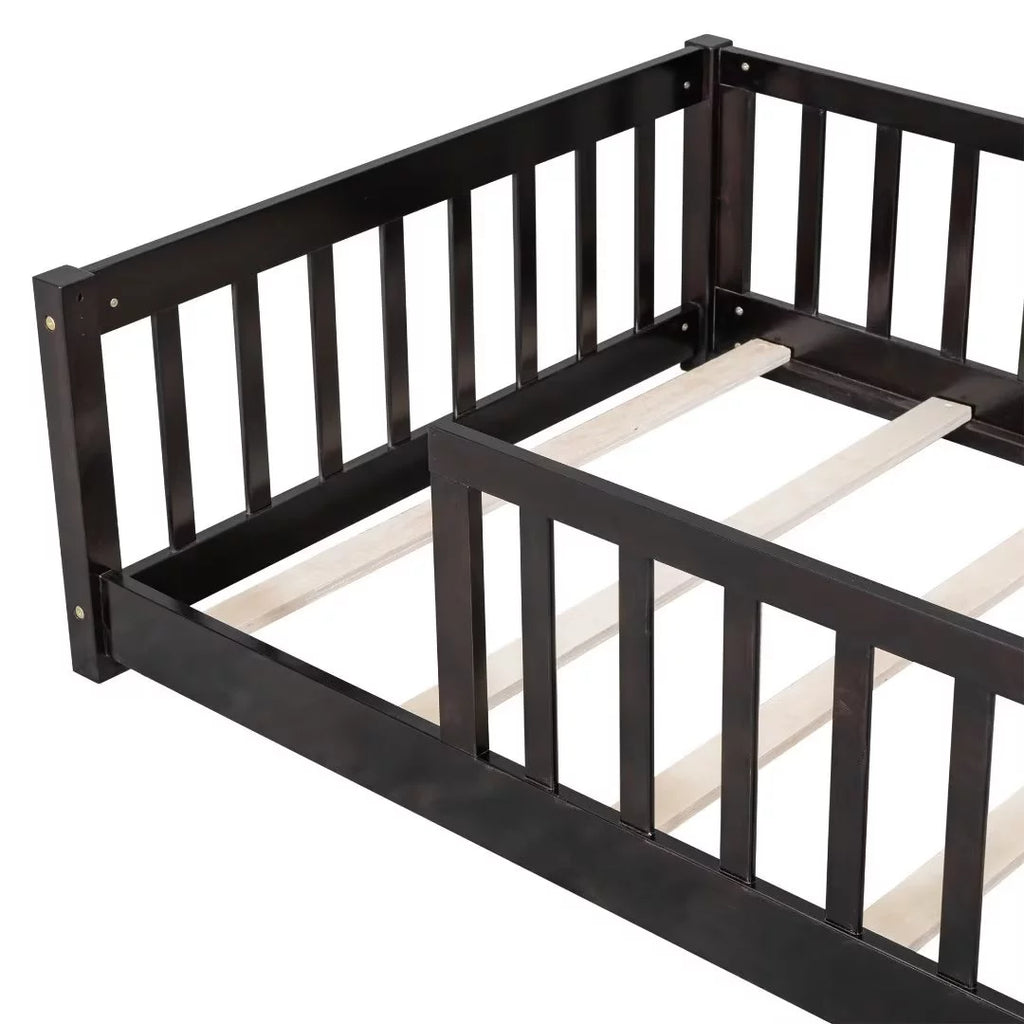 White Full Size Floor Bed with Fence Guardrails and Roof I933509