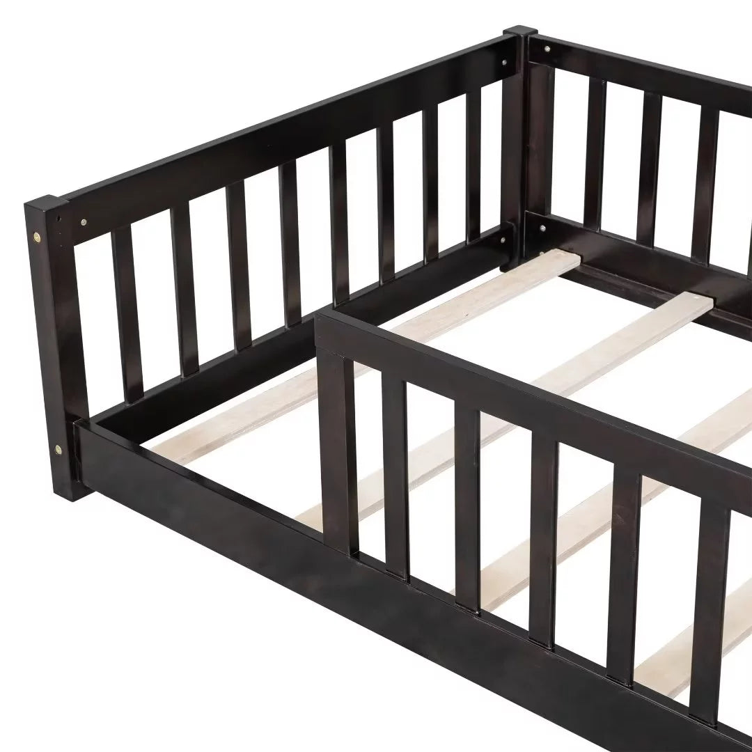 White Full Size Floor Bed with Fence Guardrails and Roof I933509