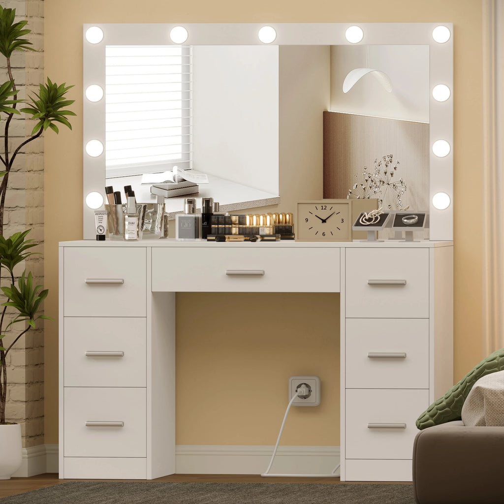 White Makeup Vanity Table with Mirror and 7 Drawer R4166