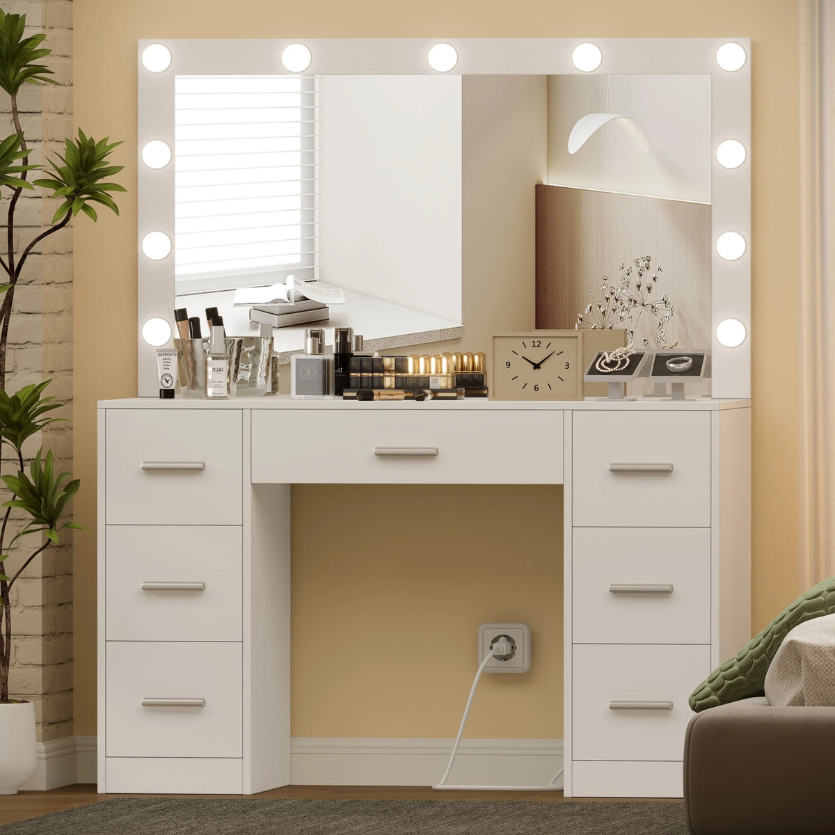 White Makeup Vanity Table with Mirror and 7 Drawer R4166