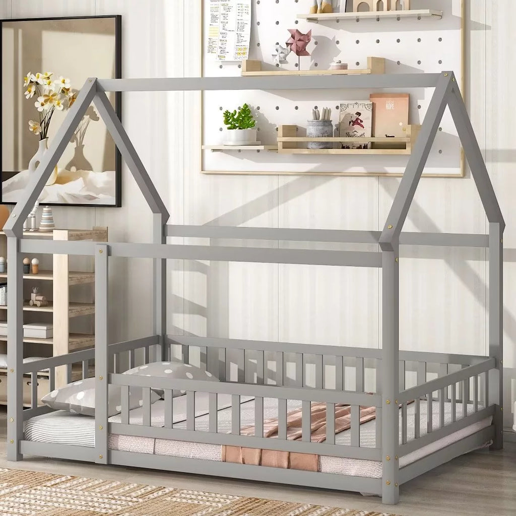 White Full Size Floor Bed with Fence Guardrails and Roof I933509