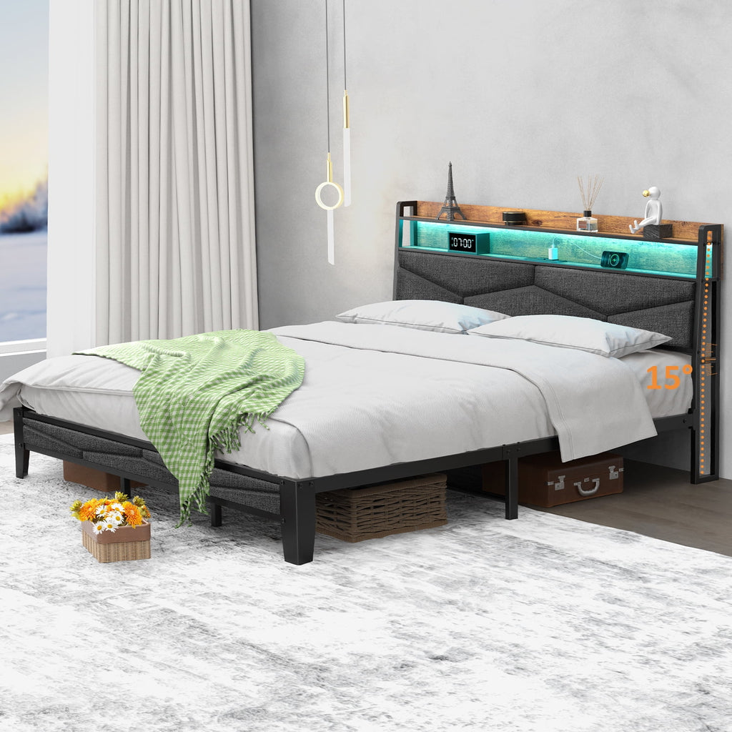Full Size Upholstered Platform Bed Frame with Charging Station & LED Lights M135051