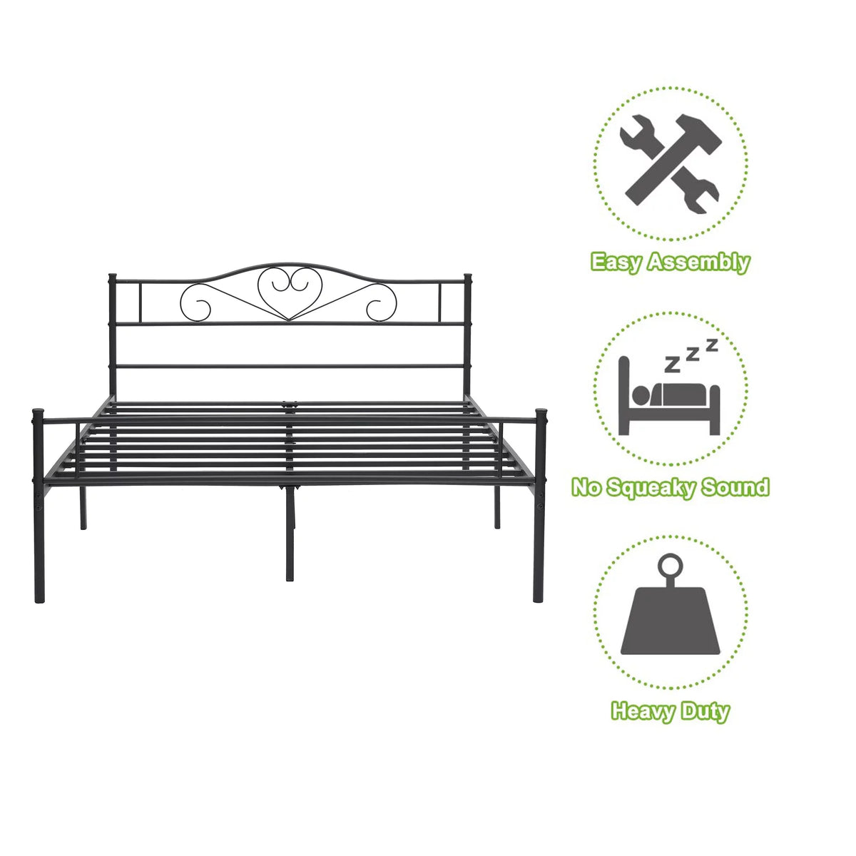 Queen Size Black Metal Platform Bed Frame with Headboard C1084