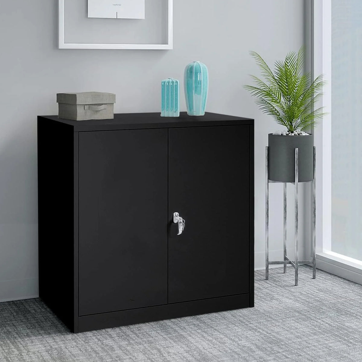 42 In Black Metal Storage Cabinet with Locking Doors and 2 Adjustable Shelves A600