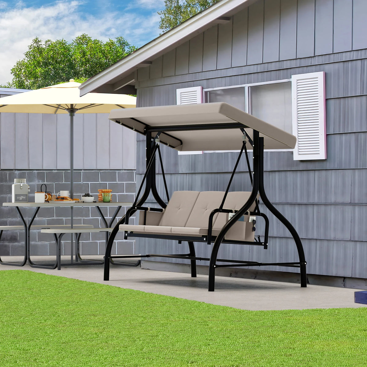 3 Person Patio Swing Chair with Adjustable Canopy and Removable Cushion W833
