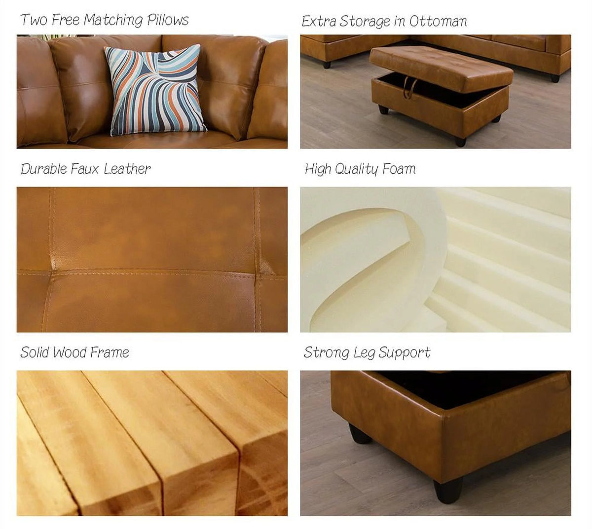 103.50" Wide Ginger Faux Leather Sectional with Ottoman Left Hand Facing E5891