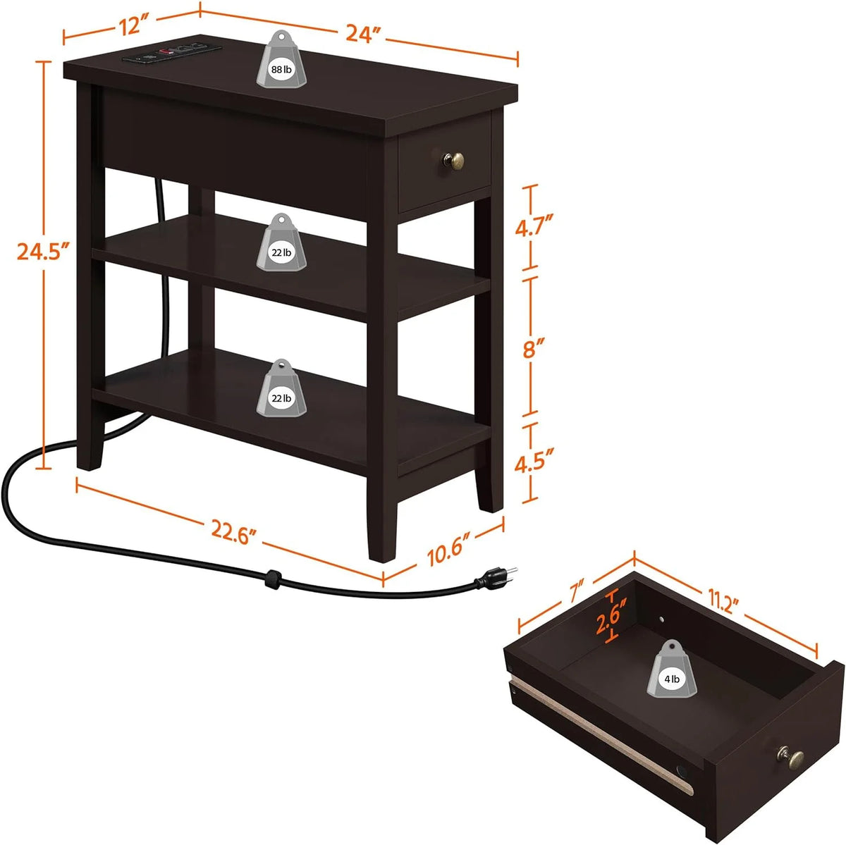 Espresso Narrow Nightstand with Charging Station O38168