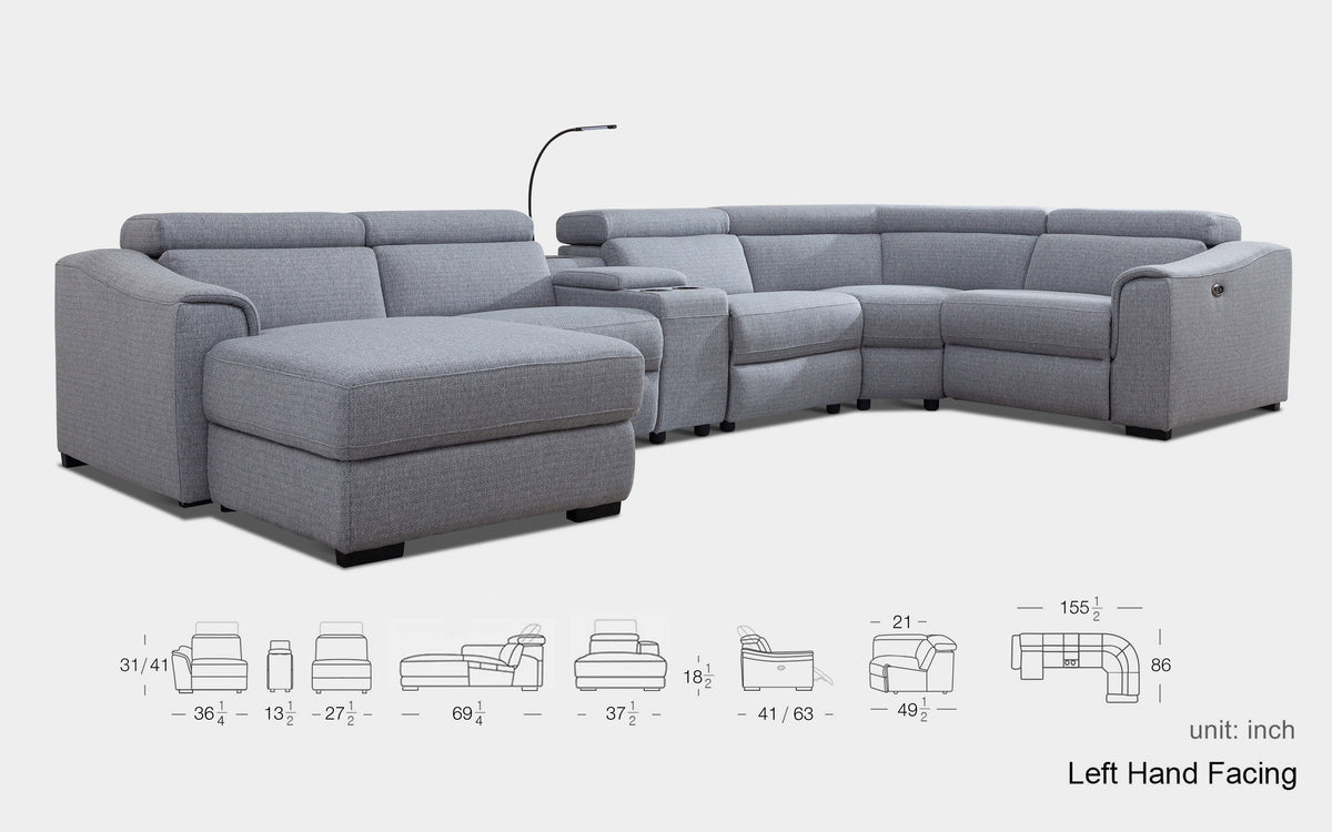 Light Grey 6 Pc Reclining Sectional with Left Hand Facing Chaise Y5521