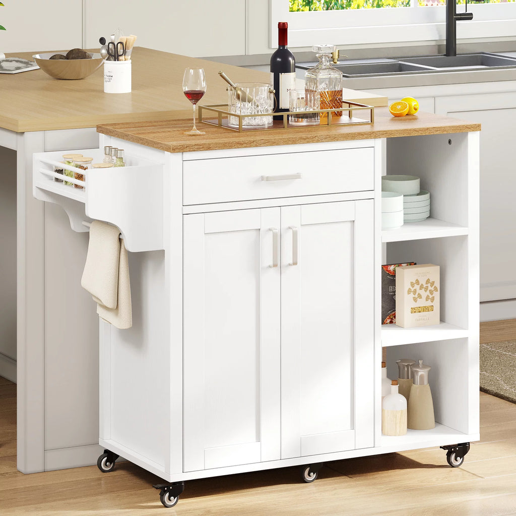 37" White Kitchen Island Cart with Storage Cabinet and Drawer Z969
