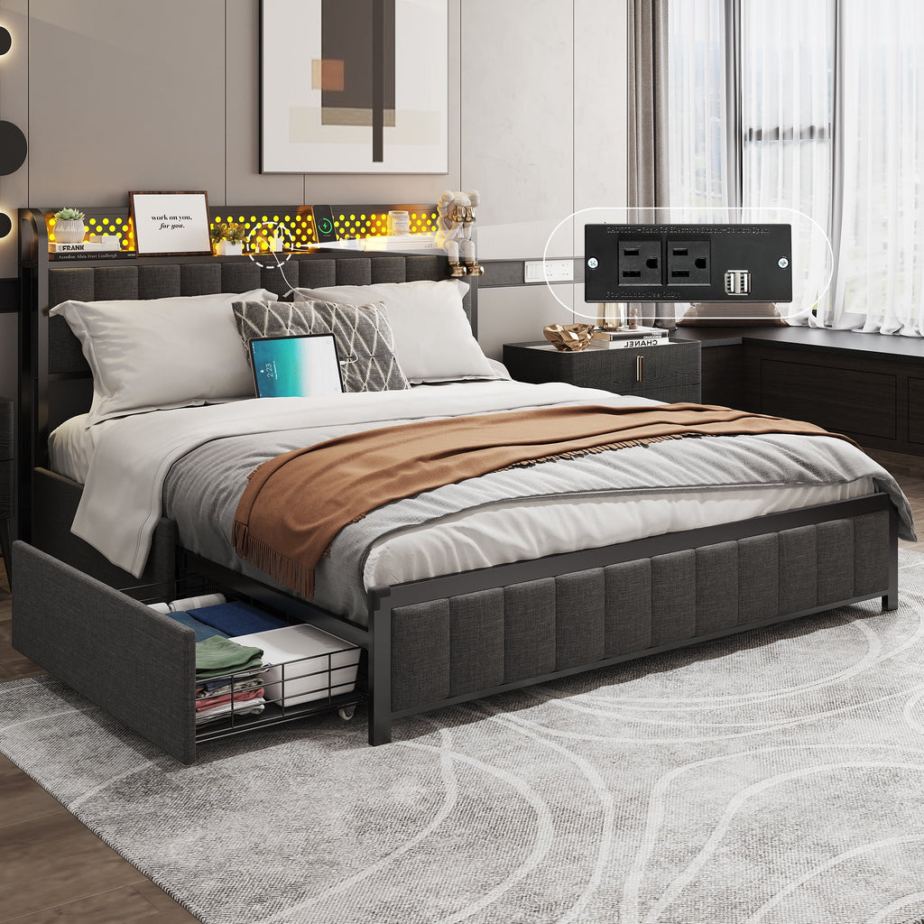 LED Queen Bed Frame with Storage Headboard and Drawers Z5430