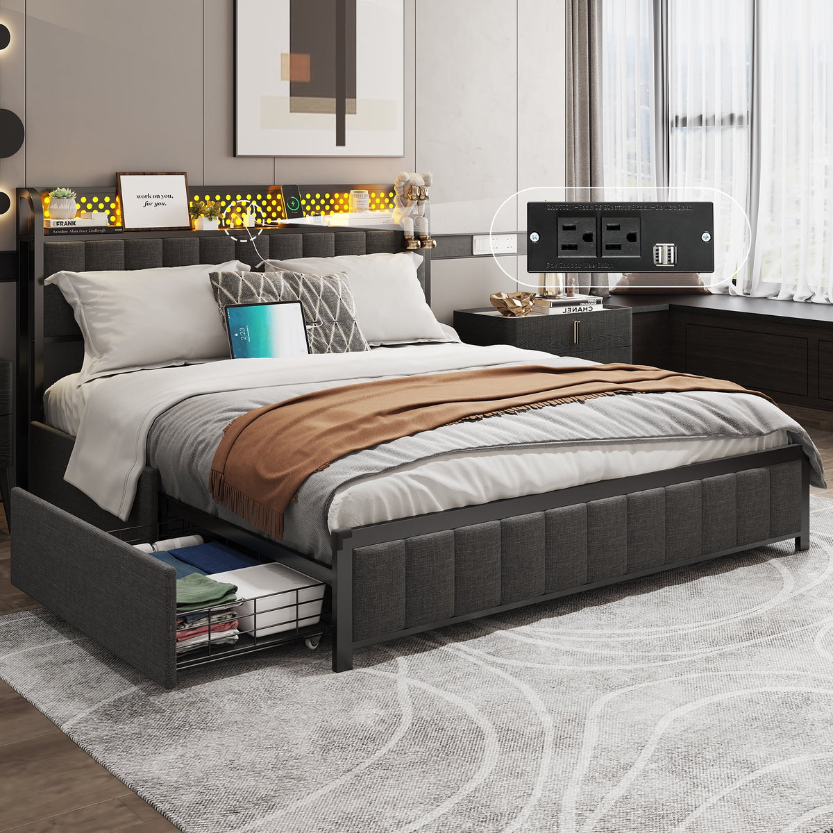 LED Queen Bed Frame with Storage Headboard and Drawers Z5430