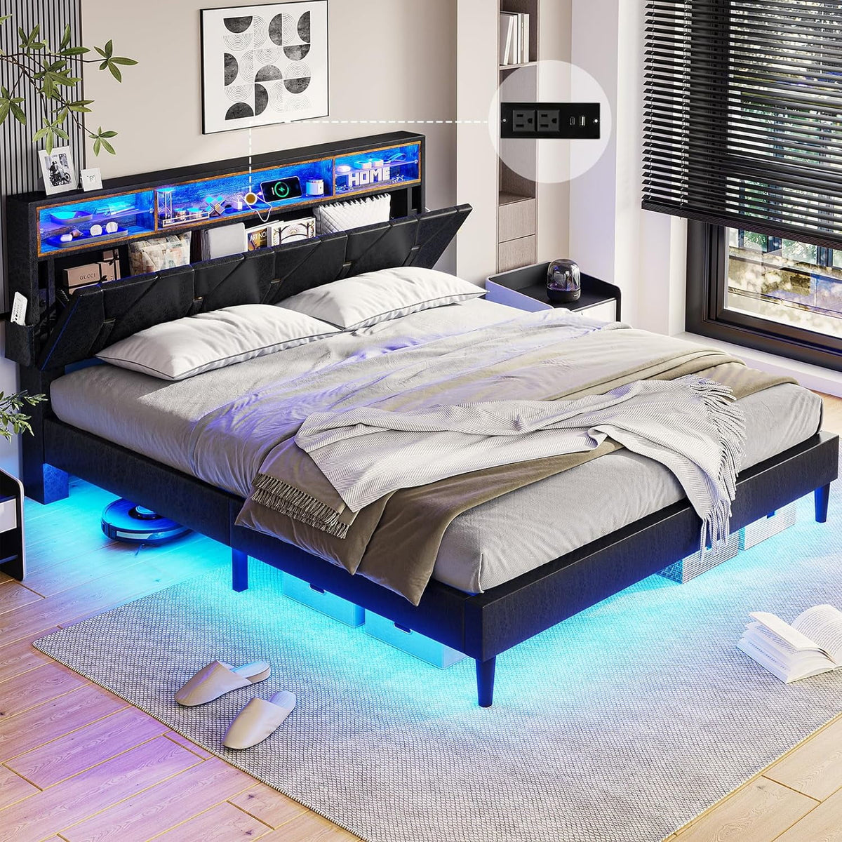Black Full Size LED Bed Frame with Upholstered Storage Headboard X48018