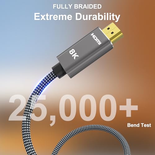 8K HDMI 2.1 Cable 20 ft, 48Gbps Ultra High Speed, 4K 240Hz, 8K 60Hz, HDR10+, eARC, Braided A823