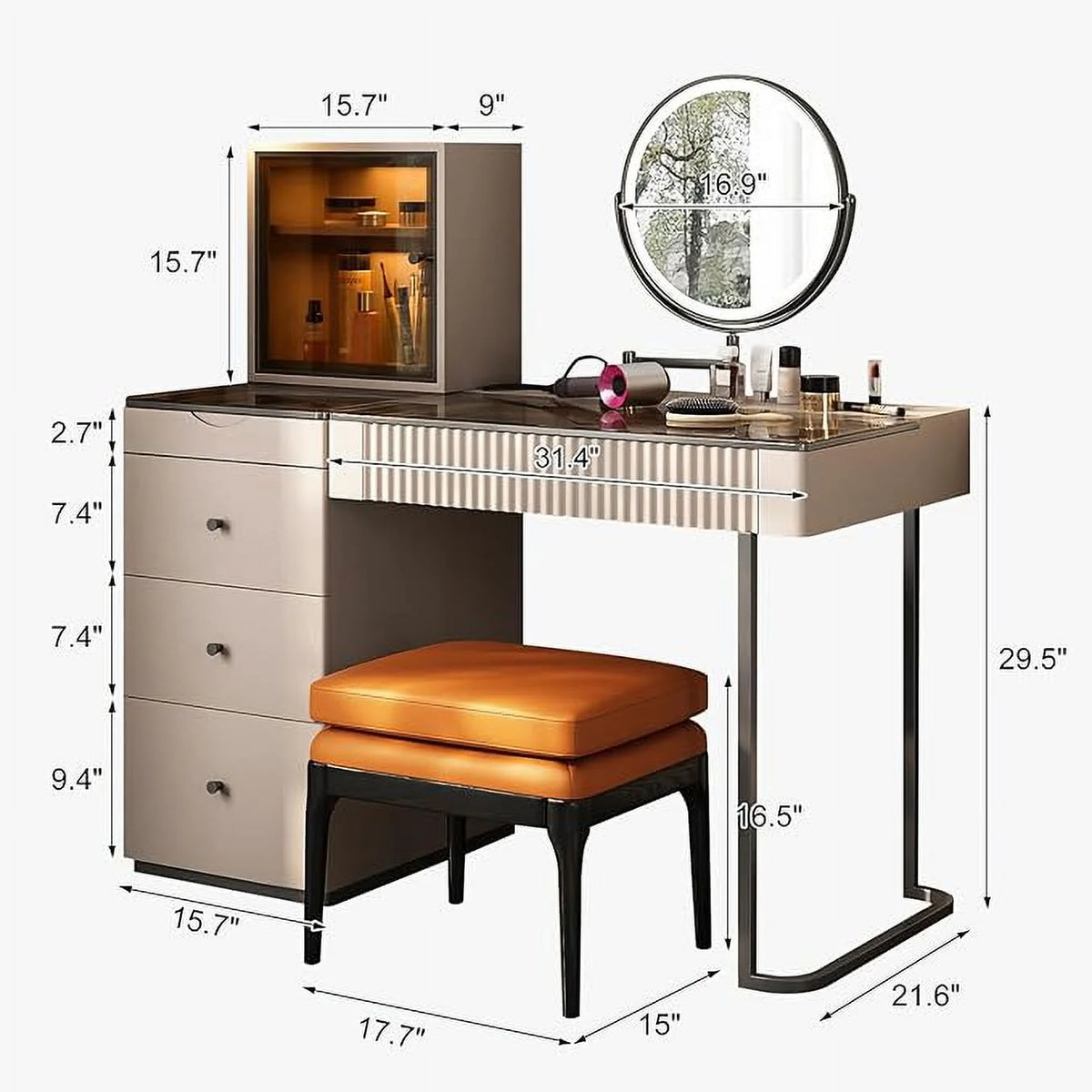 Gold Plated Stainless Steel 5 Drawers Makeup Vanity Table with Stool D87269