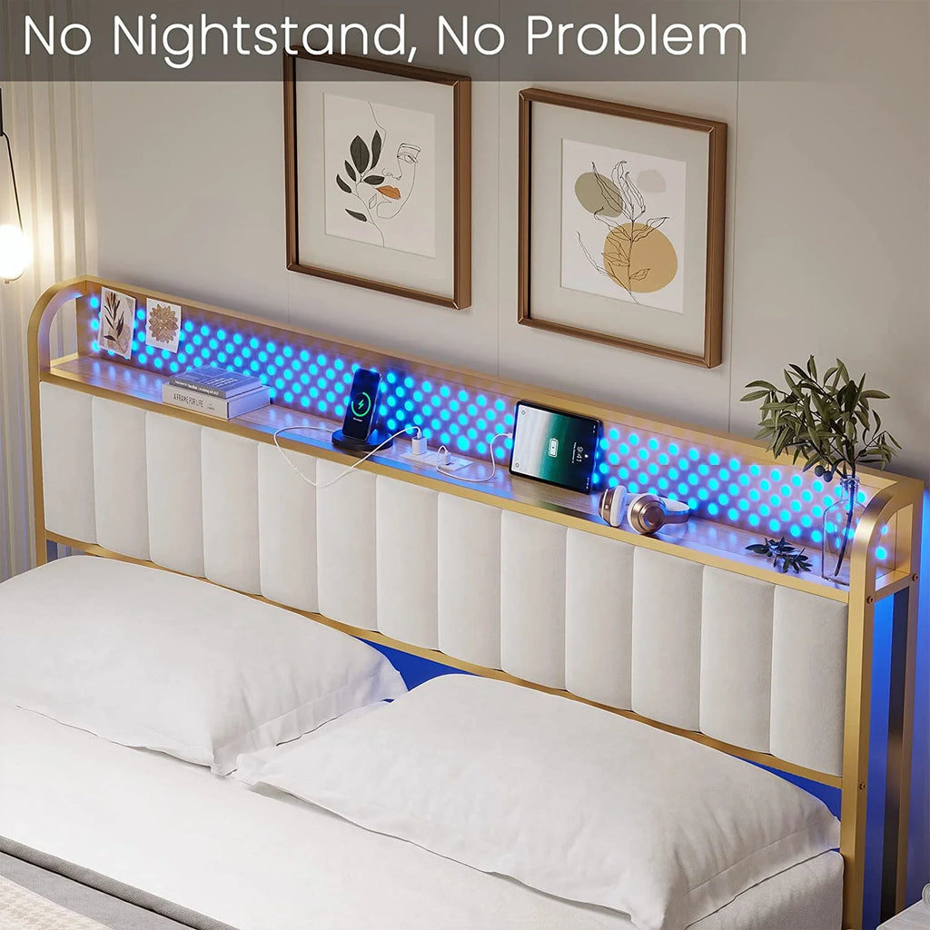 LED Queen Bed Frame with Storage Headboard and Drawers Z5430