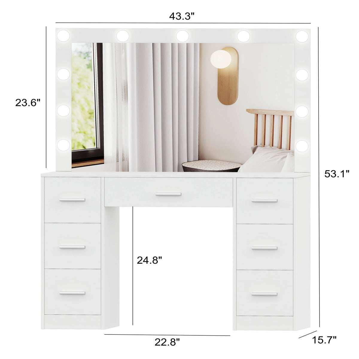 White Makeup Vanity Table with Mirror and 7 Drawer R4166
