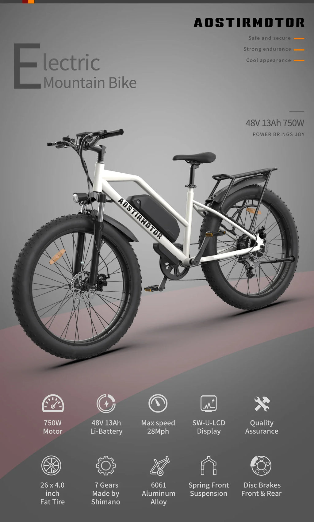 750W Electric Bike Fat Tire 48V 13AH Removable Lithium Battery White U160191