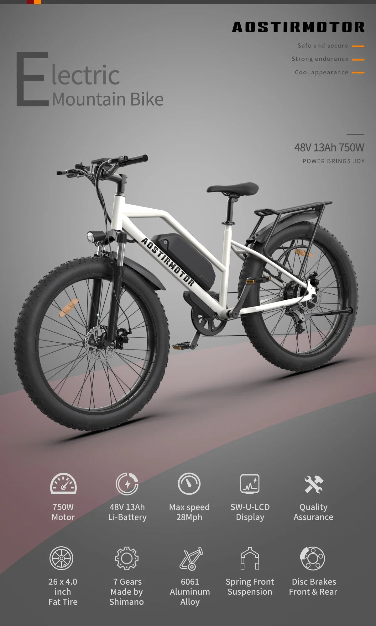 750W Electric Bike Fat Tire 48V 13AH Removable Lithium Battery White U160191