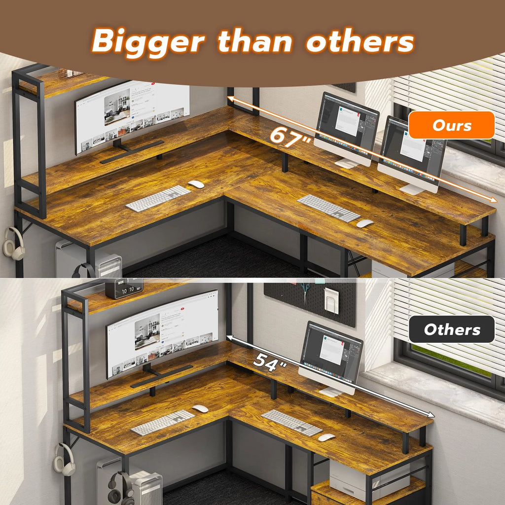 L Shaped Desk with Hutch, File Drawers, Keyboard Tray, Monitor Stand, Storage Shelves, Rustic Brown J586112