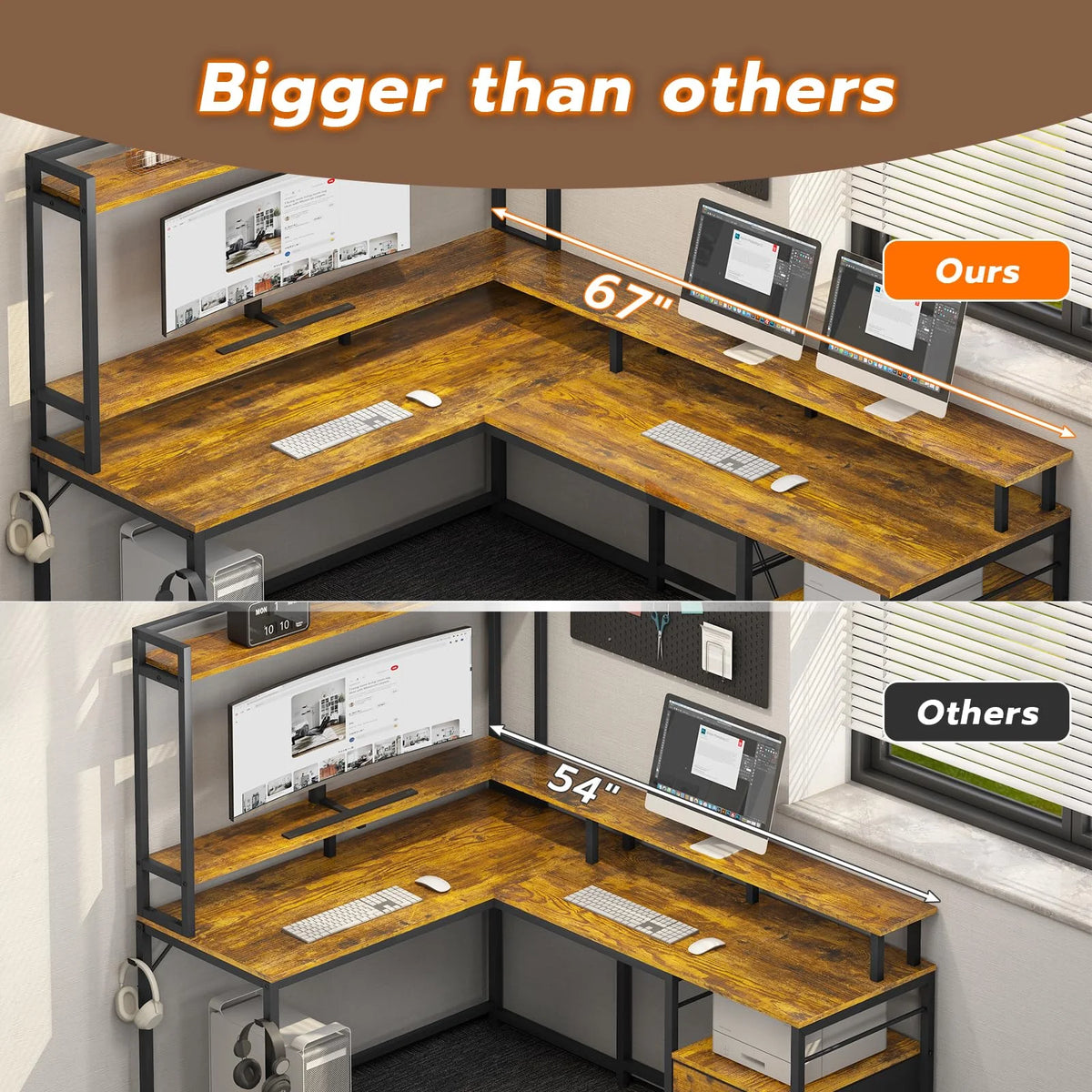 L Shaped Desk with Hutch, File Drawers, Keyboard Tray, Monitor Stand, Storage Shelves, Rustic Brown J586112