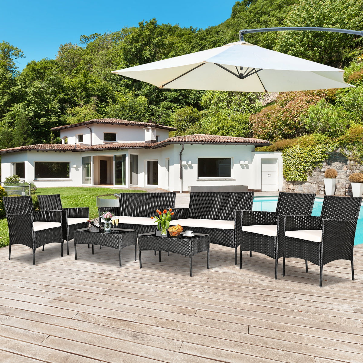 8 Pc Patio Furniture Set Cushioned Sofa Coffee Table T90303