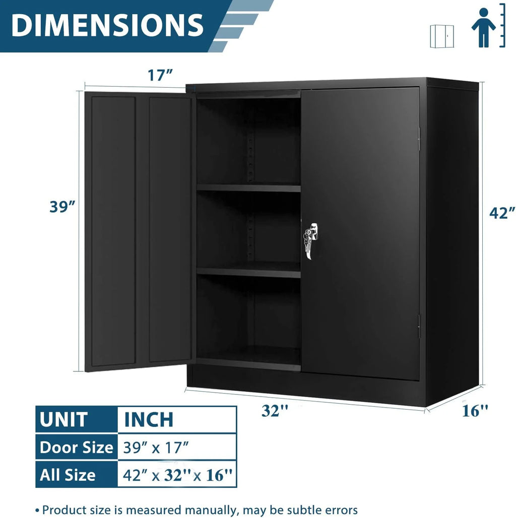 42 In Black Metal Storage Cabinet with Locking Doors and 2 Adjustable Shelves A600