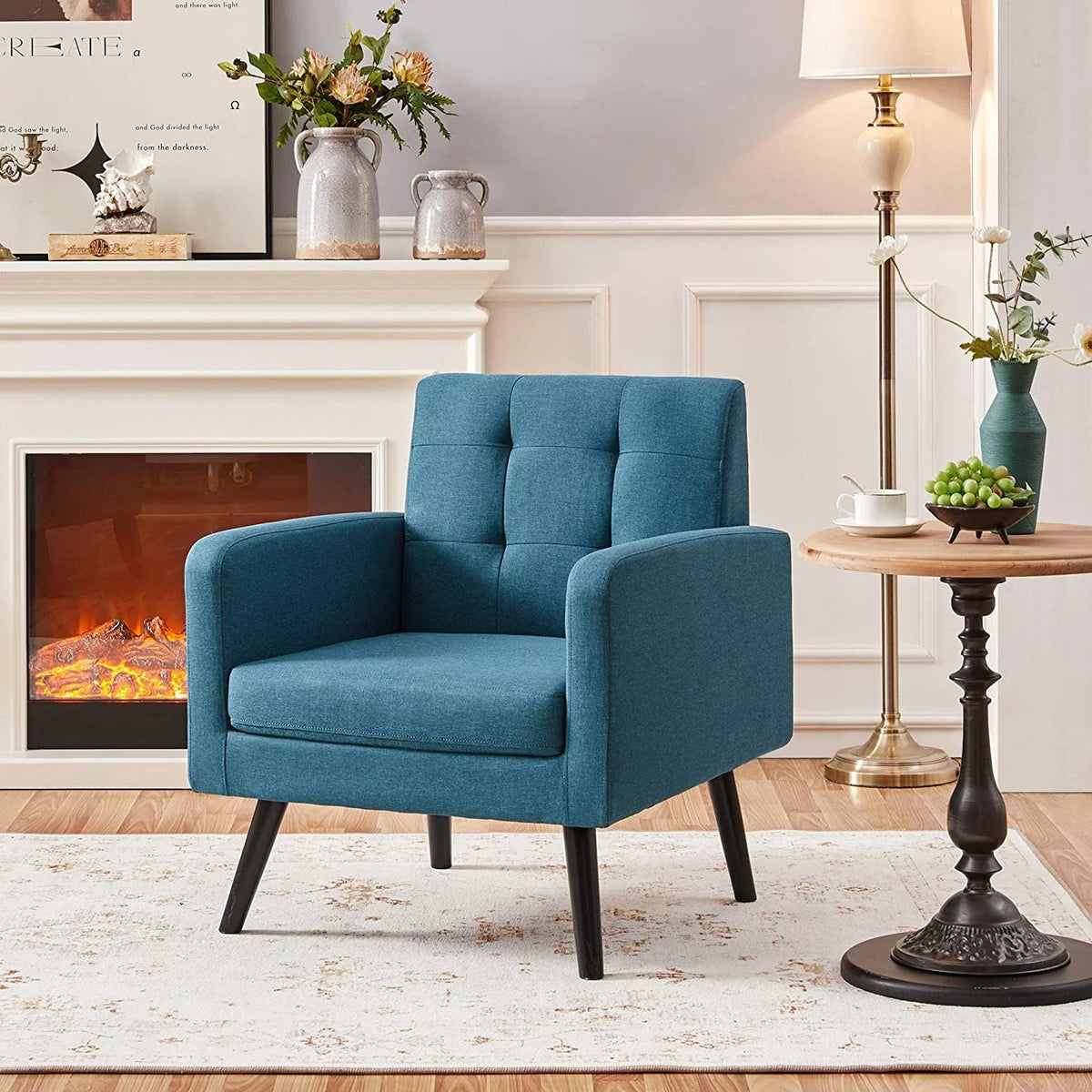 Mid-Century Accent Chair with Wood Legs, Navy Blue P5265