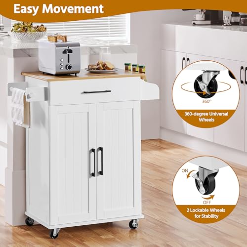 White Rolling Kitchen Cart with Bamboo Tabletop Q845