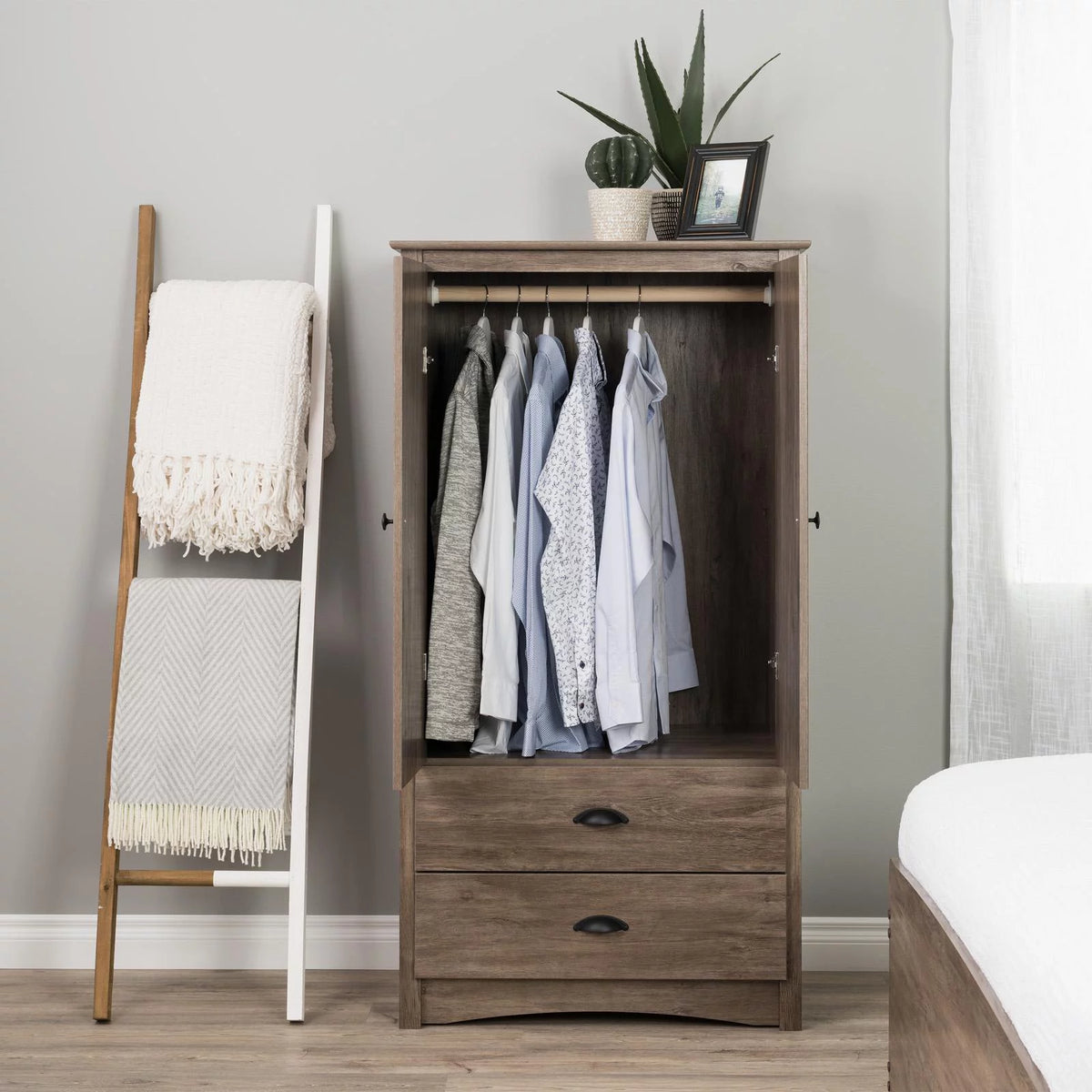 2 Door Wooden Bedroom Armoire in Drifted Gray T884
