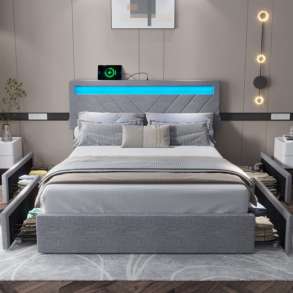 Queen Size LED Upholstered Platform Bed Frame with Drawers N851